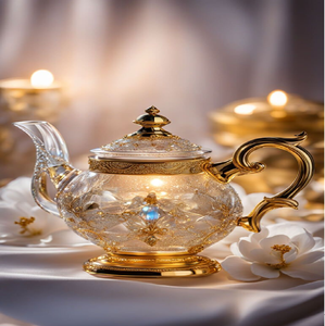 Théière en cristal et or avec détails facettés brillants et poignée courbée. Design royal disponible à prix de gros. - Product Image 1