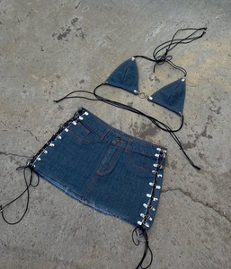 Ensemble jupe en jean pour femme, deux pièces, coton premium, denim délavé, marque privée, mode féminine sur mesure - Product Image 5