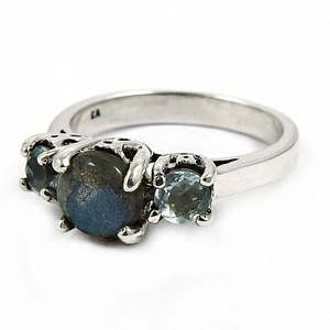Anillo de Plata de Ley 925 con Topacio Azul Natural y Labradorita de Calidad Premium, Engastado con Múltiples Piedras Preciosas, Estilo Bohemio - Product Image 1