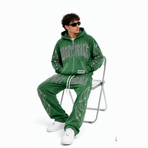 Conjunto de Sudadera con Capucha y Pantalones de Chándal de Algodón Personalizado por el Fabricante, con Efecto Desgastado por el Sol, Lavado Ácido y Pedrería, Chándal de Cristal - Product Image 5