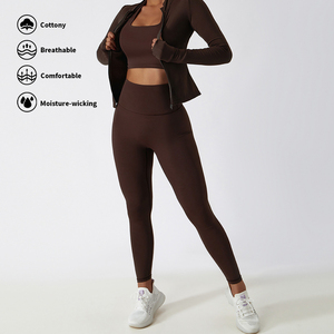 <b>High</b> Waist Three Piece Yoga Set With Compression Leggings Supportive Bra And Lightweight Jacket For Women Fitness And Gym - Product Image 5