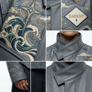 Chaqueta de Cuero Genuino con Cuello Mandarín, Patrón Geométrico Bordado, Estilo Urbano, Corte Regular, Cierre de un Solo Botón, para Otoño - Product Image 6
