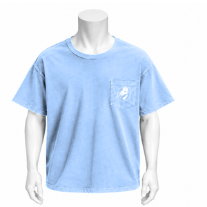 Camiseta de Manga Corta de Algodón Lavado Azul Cielo Desgastado con Bolsillo en el Pecho, Ajuste Holgado, Estilo Vintage Casual para Uso Diario - Product Image 1
