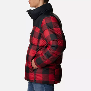Men's Red Black Plaid Canvas Puffer Jacket Hooded Stand Collar Zipper Closure Windproof Casual Winter Thick Polyester Front - Product Image 3