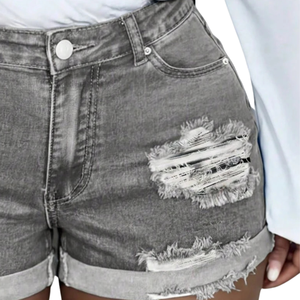 Women's High Waist High Distressed <b>Denim</b> Shorts Grey Washed <b>Stretch</b> Frayed Hem Casual Summer Cotton Spandex Quick Dry Breathable - Product Image 3