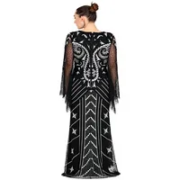 Robe de soirée noire de luxe, robe de bal à manches longues ornée de perles style Art Déco, robe longue vintage des années 20 Gatsby pour femmes