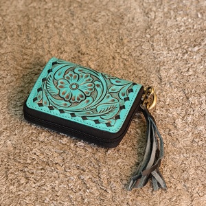 Hand Tooling 100% Genuine Leather Luxury Vintage Florals Carved Zipper <b>RFID</b> <b>Blocking</b> Waterproof Mini Card Holder <b>Wallets</b> For Men - Product Image 2