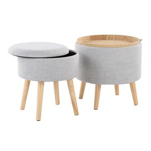 Pouf di stoccaggio in tessuto grigio chiaro con gambe in legno naturale vassoio contemporaneo e sgabello abbinato - Product Image 3