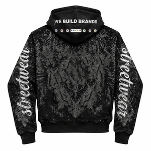 Custom Black Graphic Rhinestone Zipper Hoodie Trendy Streetwear Design Embellished Details Full <b>Zip</b> Stylish Wear For Unisex - Product Image 2
