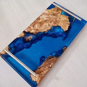 Decorative Resin And Wooden <b>Tray</b> With Handmade Artistic Design And Smooth Polished Surface For Table Serving - Product Image 1