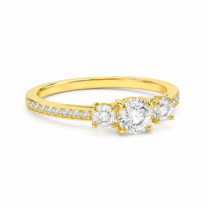 Bague de fiançailles à trois pierres en moissanite, diamant taille ronde, plaqué or jaune 14 carats, pour demande en mariage et mariage - Product Image 5