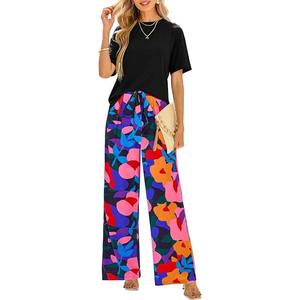 Ladies Summer Casual Daily Wear 2-Piece <b>Set</b> 2025 Short-Sleeved <b>Knit</b> Shirt Floral Print Belt Wide-Leg Pants Breathable Loose Fit - Product Image 6