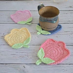 Pretty Pastel Tulip Bloom Crochet <b>Table</b> <b>Coasters</b> with Leaves - Soft Cotton Green Stems Heat Insulation Mats Chic Living Accent - Product Image 1