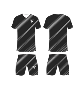 Conjunto de uniforme de fútbol sublimado personalizado para hombre con camiseta con estampado de rayas diagonales en negro y gris y pantalones cortos a juego - Product Image 4