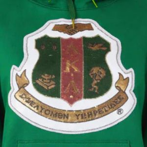 AKA Sweat à capuche à sequins pour femme, rose et vert, avec motif de blason, décontracté, tenue grecque de sororité, haut de mode élégant - Product Image 4