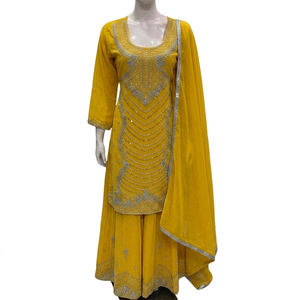 FAMUCAAS Pista Green Hand Embroidered Georgette V Neck Salwar/Plazo/Sharara Kameez Indian Pakistani Women Party Dress Set - Product Image 2