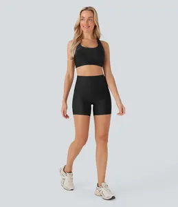 Shorts de yoga noirs taille mi-haute pour femme, sportifs, respirants, en tricot 100% coton, coupe classique, taille élastique, couleur unie - Product Image 4