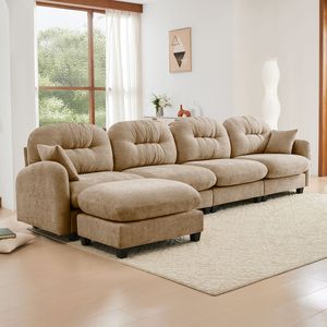 Divano Componibile a L in Legno di Alta Qualità con Tessuto Morbido in Ciniglia, Design Ergonomico Trapuntato e Plissettato per Soggiorno - Product Image 2