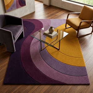 Alfombra Moderna Abstracta de Lana/Seda Hecha a Mano con Diseño Curvo de Bloques de Color - Alfombra de Látex Morado Mostaza para Hogar, Coche y Ejercicio - Product Image 3