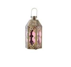 Golden hexagonal lantern purple yellow blue glass panels dome <b>top</b> rustic farmhouse indoor outdoor festive candle lighting - Product Image 3