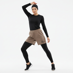 กางเกงออกกำลังกายเอวสูงสำหรับผู้หญิงมุสลิมแบบสุภาพ พร้อมกางเกงซับใน แห้งเร็ว ระบายอากาศได้ดี ผลิตจากผ้าสแปนเด็กซ์/โพลีเอสเตอร์ ป้องกันรังสียูวี 50+ ดีไซน์สีตัดต่อ ชุดกีฬา - Product Image 1