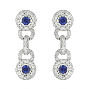 Boucles d'oreilles pendantes de luxe pour femme en or 18 carats avec saphir et diamants pavés, bijoux de mariage - Product Image 1