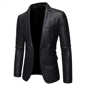 Men Black <b>Leather</b> <b>Blazer</b> Single Breasted Notched Collar Regular Fit Full Length Sleeve Formal Style <b>Jacket</b> - Product Image 2