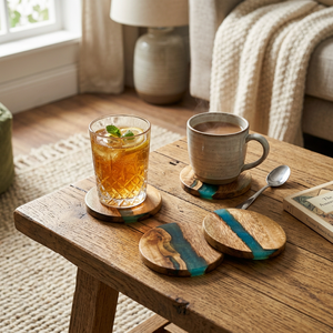 Ensemble de sous-verres ronds en bois et résine faits à la main avec incrustation de résine bleue, vente en gros, OEM, ODM, logo personnalisé, en vrac - Product Image 2