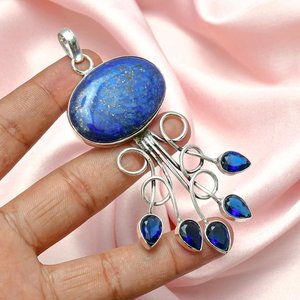 Collar con Colgante de Plata de Ley 925 con Lapislázuli, Zafiro Azul Creado en Laboratorio, Joyería de Lujo Hecha a Mano, Regalo para Mujer - Product Image 4