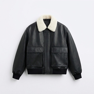 Black Shearling Collar Leather Bomber Jacket | Faux Leather Jacket | Oversized Streetwear Zip Bomber | Custom OEM Manufacturer - Product Image 1