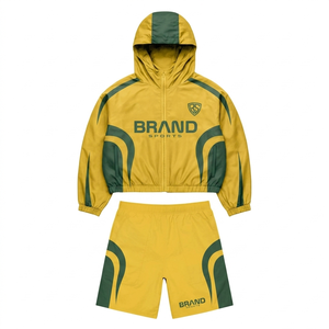 Conjunto corto cortavientos para hombre, 120 GSM, poliéster microfibra, diseño de paneles amarillo y verde, logotipo personalizado por transferencia térmica, talla grande - Product Image 1