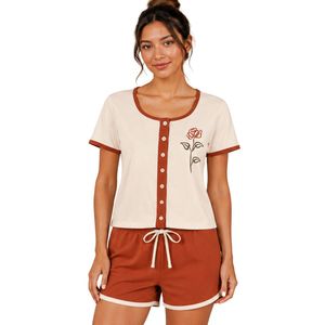 White And Rust Women Two Piece Shorts Set Round Neck Button <b>Top</b> Rose Embroidery Casual Summer Cotton Lounge Wear Outfit OEM - Product Image 1