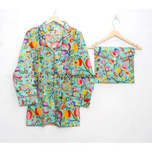 ชุดนอนผ้าฝ้ายยาวสำหรับฤดูร้อนของผู้หญิงอินเดีย ปิดด้วยเชือกผูก ลายดอกไม้ ผ้าถักระบายอากาศได้ดี นุ่ม แห้งเร็ว - Product Image 2