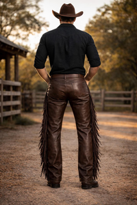 Pantalon Western en Cuir Marron pour Homme avec Pompons, Taille Mi-Haute, Coupe Droite, Braguette Boutonnée, Style Décontracté, Idéal pour l'Automne - Product Image 4
