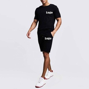 ชุดเสื้อยืดและกางเกงขาสั้นสีดำสำหรับผู้ชาย ผ้าเทอร์รี่ แห้งเร็ว สไตล์ไฮสตรีท โพลีเอสเตอร์/คอตตอน ชุดฤดูใบไม้ผลิ โลโก้ด้านหน้า - Product Image 3