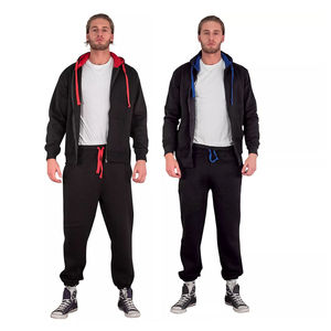 <b>mens</b> black and red contrast tracksuit full zip hooded jacket and <b>cuffed</b> <b>jogger</b> pants set casual fleece activewear winter sports - Product Image 3