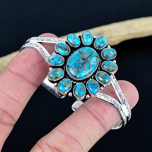 Flower Shape Mohave copper Turquoise Cuff <b>Bracelet</b> 925 sterling silver plated adjustable bangle - Product Image 2