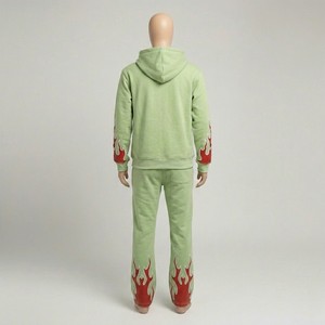 Survêtement unisexe vert avec imprimé flamme rouge, sweat à capuche zippé et pantalon, tenue décontractée pour adultes, saison automne, 100% coton - Product Image 2
