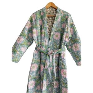 Peignoir long en coton décontracté à cordon de serrage, col en V, imprimé à motifs, vêtement de nuit kimono, veste douce, respirante, séchage rapide, vêtement de nuit d'hiver - Product Image 1