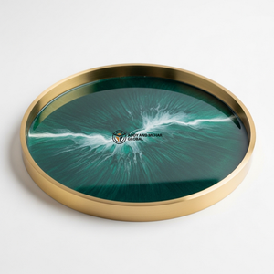 Luxury Emerald Green Resin Serving <b>Tray</b> with Gold Rim | Handmade <b>Round</b> Epoxy <b>Tray</b> | Modern Decorative Coffee <b>Table</b> <b>Tray</b> - Product Image 6