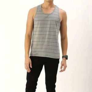 Men Striped O-Neck Knitted <b>Tank</b> <b>Top</b> Casual Sleeveless Shirt Breathable Gray with <b>Red</b> Lines - Product Image 4