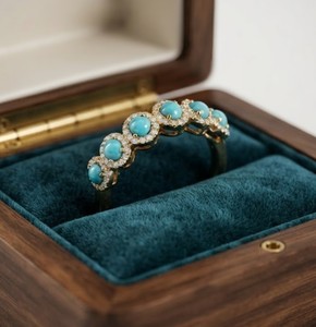 Bague demi-éternité en or massif 10K 14K 18K avec diamant turquoise Sleeping Beauty véritable de 0,45 ct, bague de mariage empilable avec diamant - Product Image 4