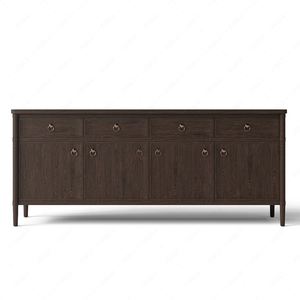 Buffet en bois avec quatre tiroirs et quatre portes, finition brun foncé, poignées à anneau, meuble de rangement moderne - Product Image 1