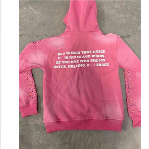 Ensemble de survêtement rose et noir à capuche pour homme, grande taille, 100 % coton, avec lettrage en strass, sweat-shirt à fermeture éclair intégrale et pantalon, style décontracté printemps - Product Image 2