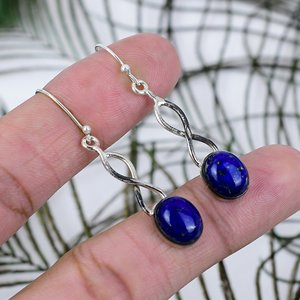 <b>Best</b> Quality Natural Blue Lapis Lazuli Oval Drop Earrings Silver Trendy Boho Statement Handmade Lightweight Women's Gift - Product Image 2