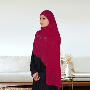 Hijab Elegante de Georgette Liso, Transpirable y Ligero, con Detalles de Encaje de Red Russell y Adornos de Cristales, Estilo Modesto - Product Image 1
