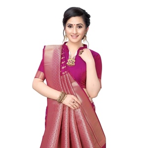 Sari de Seda Pura Raj Gharana con Tejido de Hilo Dorado para Bodas - Product Image 1