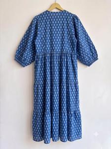 Handmade Indian Cotton <b>Kaftan</b> Dress Blue Printed Cotton Midi Dress V-Neck Puff Sleeve Loose Fit Casual <b>Summer</b> Dress With Tassel - Product Image 3