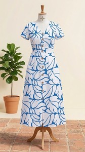 Women Blue Printed Cotton Midi Dress Button Front Summer Dress Short Sleeve Casual Dress with Pockets. - Product Image 2