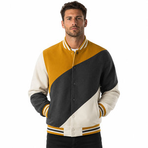 Blouson universitaire gris moutarde audacieux, style color block contemporain, tissu doux, bordure côtelée, tenue décontractée et tendance - Product Image 1